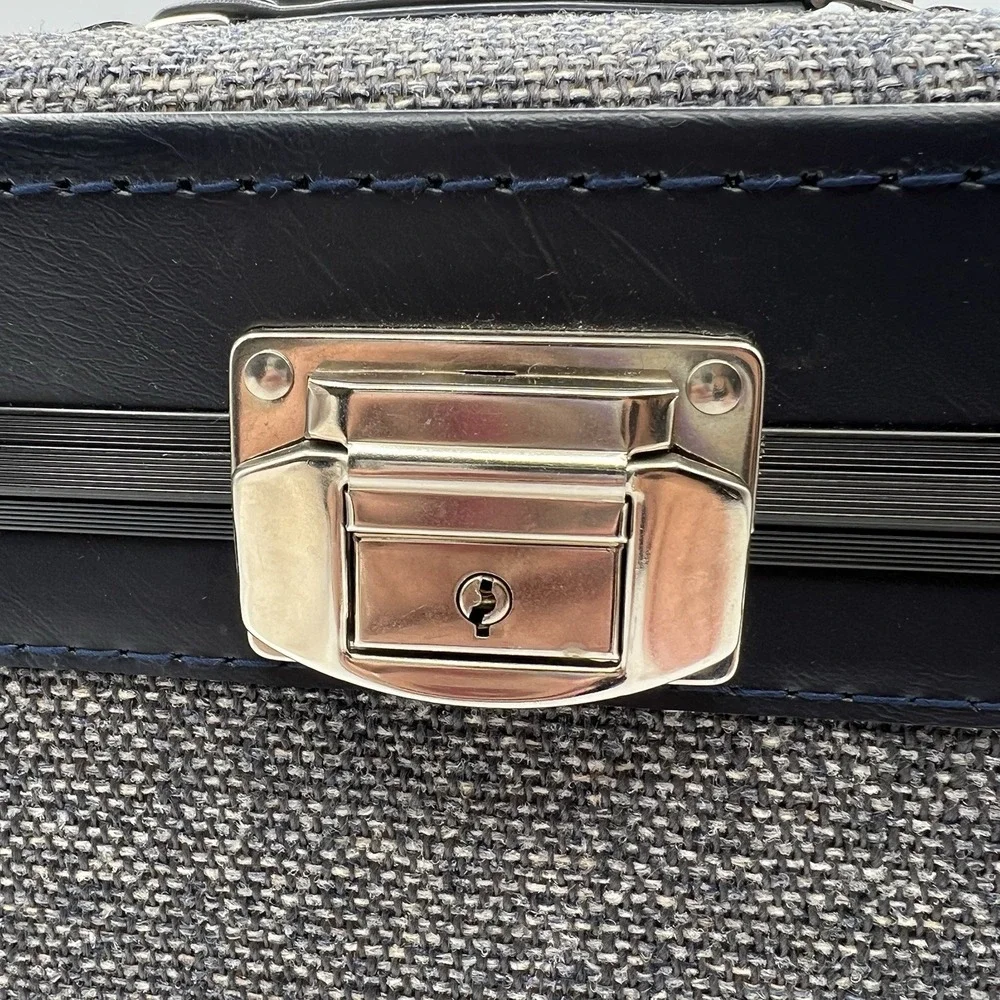 Blue Tweed Cloth Vanity Train Travel Case Inside Tray Pop-up Mirror